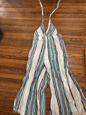 Striped Sleeveless Wide-Leg Jumpsuit in White and Teal Accents